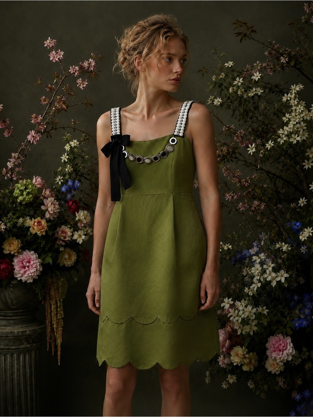 Lela rose vintage scalloped green beaded dress